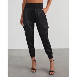 Vici Black Satin Cargo Joggers - Wide Leg Women's Pants